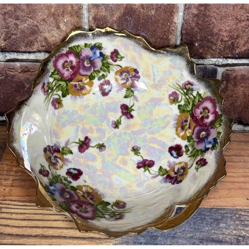 Vtg Trimont Japan Lusterware Porcelain Serving Bowl Iridescent Gold Pansies MCM